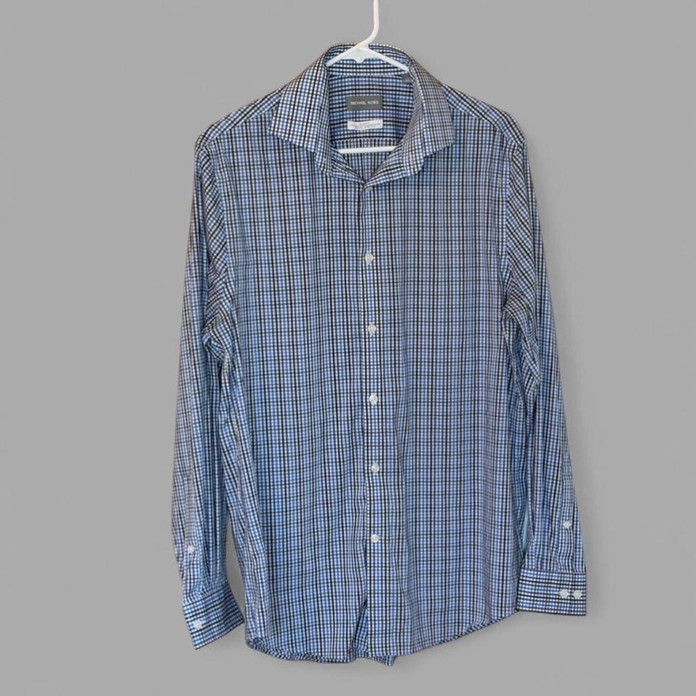 Michael Kors Men's Blue and White Plaid Shirt Medium 15 1/2 neck